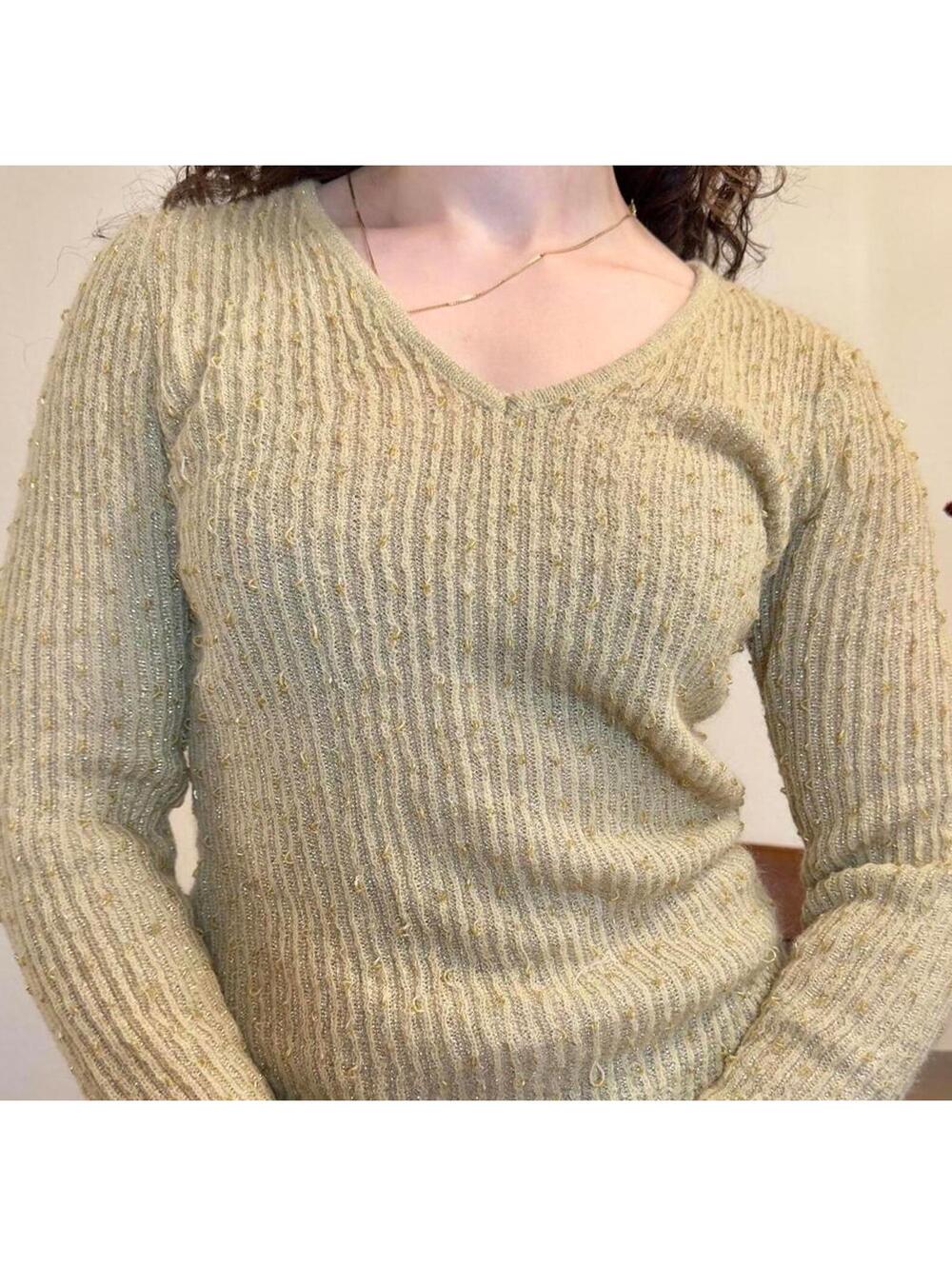 Vintage INC Beige Beaded Knit Sweater Womens Medium Wool Mohair Blend